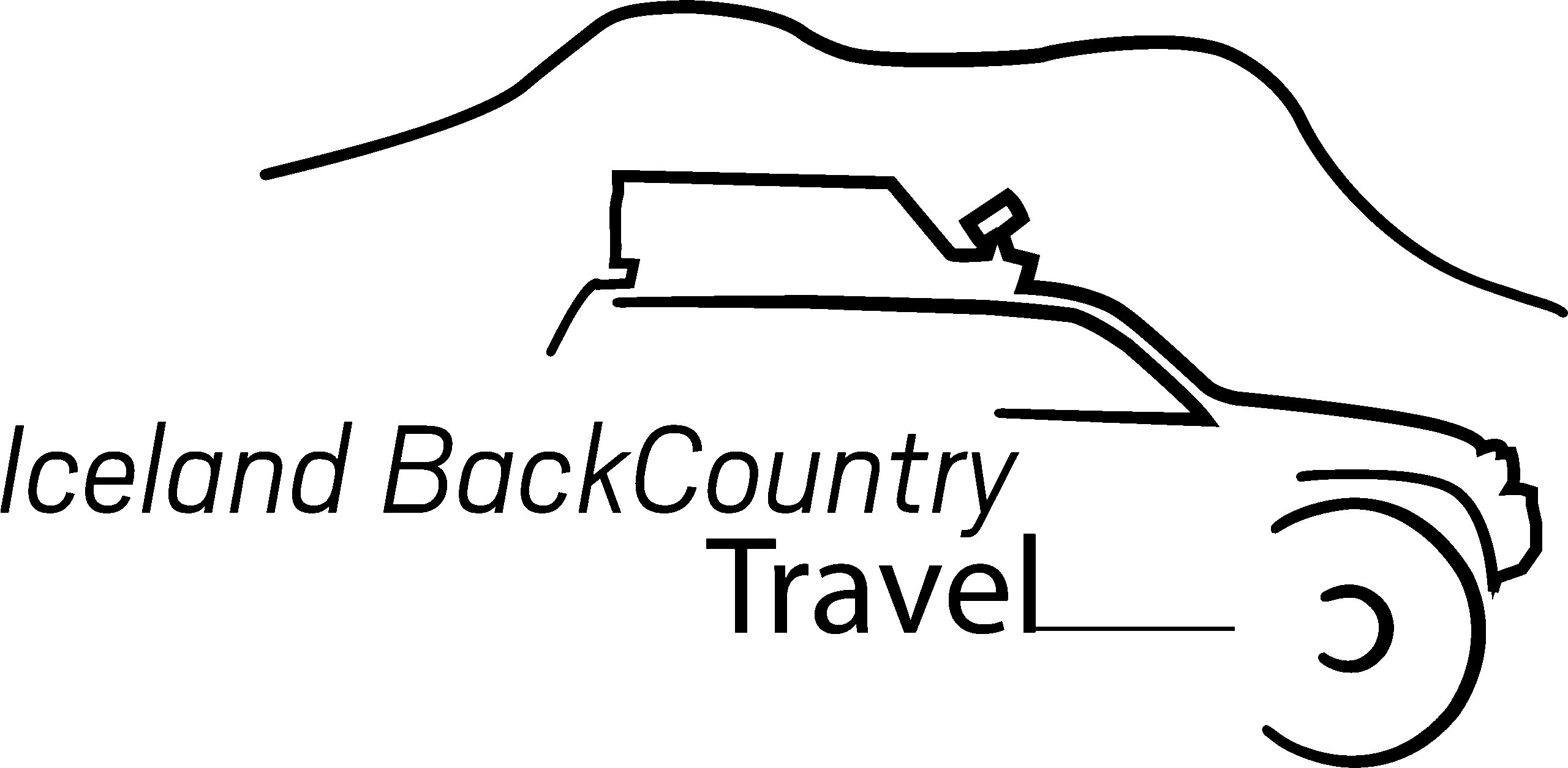 black line art of a jeep and mountain, simple lines logo and text Iceland Backcountry Travel